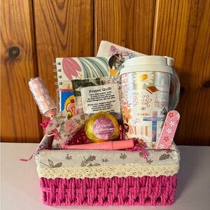 Pink and White Gift Basket with Mug and Accessories